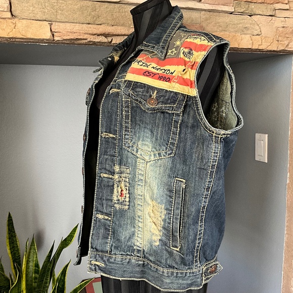 Smoke Rise Americana Denim 3D Flag Vest Cool Distressed Patriotic Blue Red Men S - Picture 5 of 8